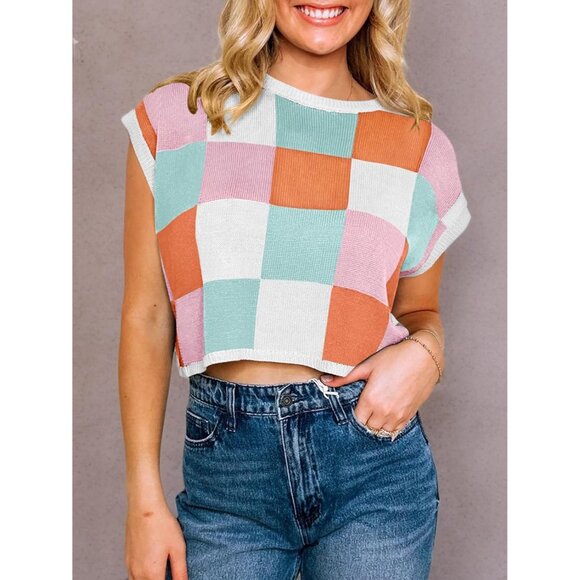 Womens Color Block Crew Neck Crop Top Summer Casual Knit Medium - Picture 5 of 5